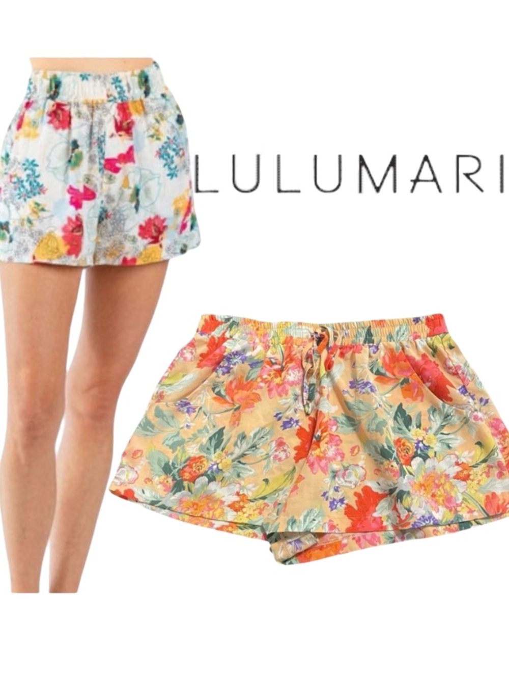 Lulumari Peach Colourful Floral Elastic Waist Drawstring Shorts (M)